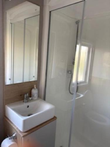 a bathroom with a sink and a shower at Honey's Retreat in Hull