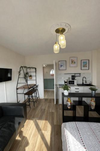 a living room with a kitchen and a dining room at HYPER CENTRE - 2 STUDIOS - 2min PLACE KLEBER in Strasbourg
