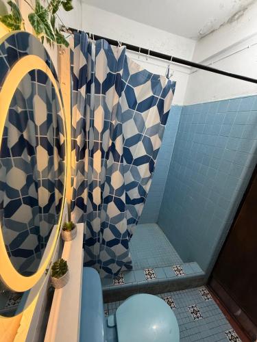 a bathroom with a shower with blue and white tiles at Casa Paloma Querida in Taxco de Alarcón