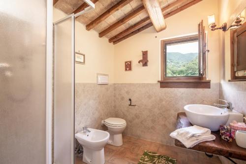 a bathroom with a sink and a toilet and a window at Casaletto ''La Lavanda'' in Bazzano Inferiore