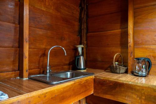 a kitchen with a sink in a wooden cabin at Cabañas SyC in Fortuna