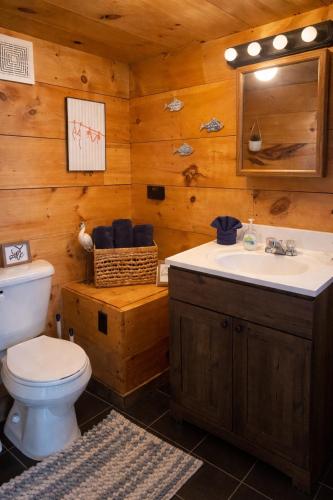 a bathroom with a toilet and a sink at Cozy little Cabin in Van Buren