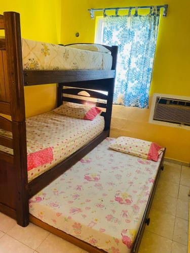 two bunk beds in a room with a window at Small room with bunk bed, bathroom, AC and WiFi in Ing. Alberto Acuña Ongay International Airport