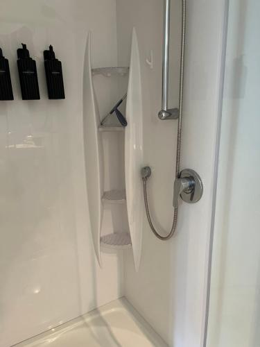 a bathroom with a shower with a shower at Queen Charlotte Bach in Linkwater