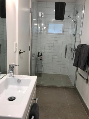 a bathroom with a shower and a sink and a shower at Lakeview QT in Queenstown