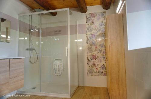 a shower with a glass door in a bathroom at Gîte la margeride 4 personnes in Julianges