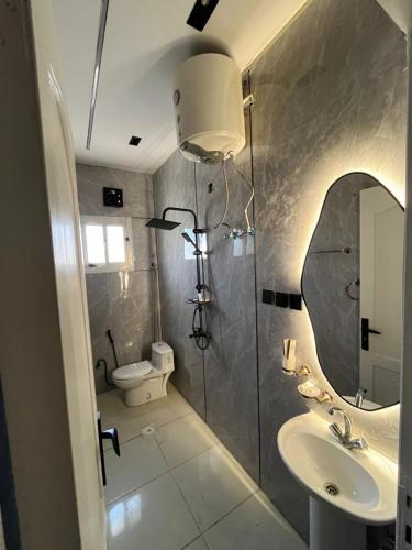 a bathroom with a sink and a mirror and a toilet at Safety house in Tabuk