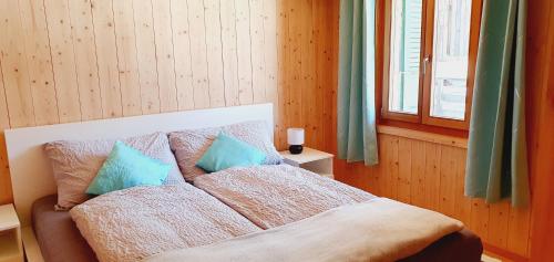 ein Schlafzimmer mit einem Bett mit zwei Kissen und einem Fenster in der Unterkunft JuKa in Münster VS