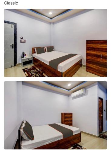 two pictures of a bedroom with two beds at Ashirbad Lodge in Guwahati