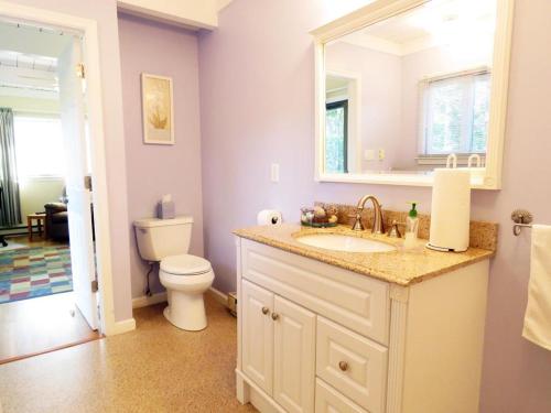 a bathroom with a sink and a toilet and a mirror at Lily Pad Lake Views in Cape May Point