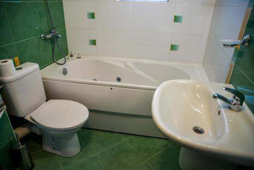 a bathroom with a toilet and a tub and a sink at Bariakov Family Hotel in Bansko