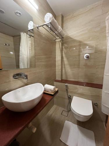 a bathroom with a white sink and a toilet at Mastiff Hotel Crystara, Jalgaon in Jālgaon