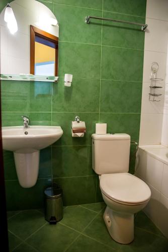a green bathroom with a toilet and a sink at Bariakov Family Hotel in Bansko