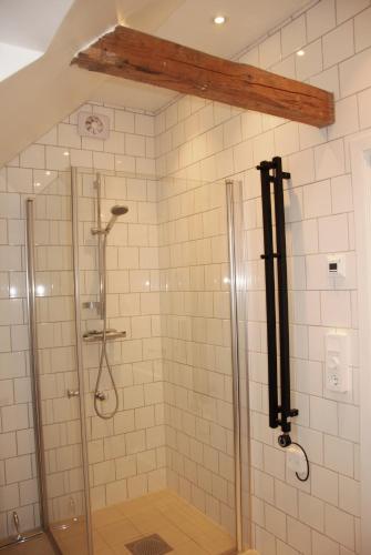 a shower with a glass door in a bathroom at Drängagården in Klagstorp