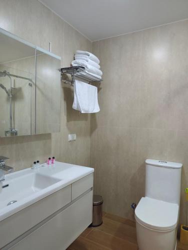 a bathroom with a sink and a toilet and a mirror at SHOHI ZINDA Hotel in Samarkand