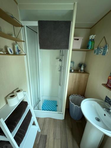 a bathroom with a shower and a sink at Buckley's Retreat - 3 Bedroom Family Caravan overlooking fishing lakes at Golden Palm Resort in Chapel Saint Leonards