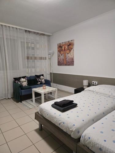 a bedroom with a bed and a living room at Studio 110 pres Basel Airport in Saint-Louis