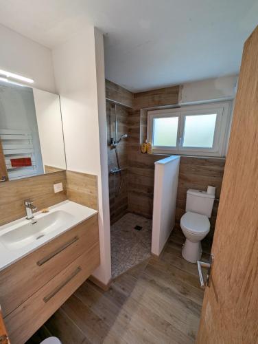 a bathroom with a white sink and a toilet at Chambres indépendantes chez l'habitant in Saint-Pierre-dʼAlbigny