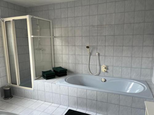 a white bathroom with a tub and a shower at Ferienwohnung Sonnenblick in Grafenwiesen