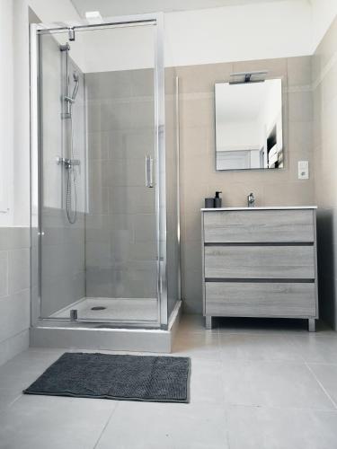 a bathroom with a shower with a sink and a mirror at La maison Françine in Sénas