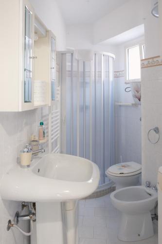 a white bathroom with a sink and a toilet at La Casa dei Panorami in Castelsaraceno