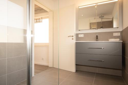 a bathroom with a shower and a sink at Haus Roseneck App.1 in Hörnum