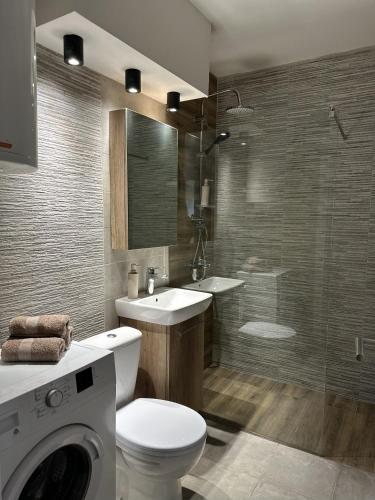 a bathroom with a toilet and a sink and a washing machine at Urban Studio 018 in Niš