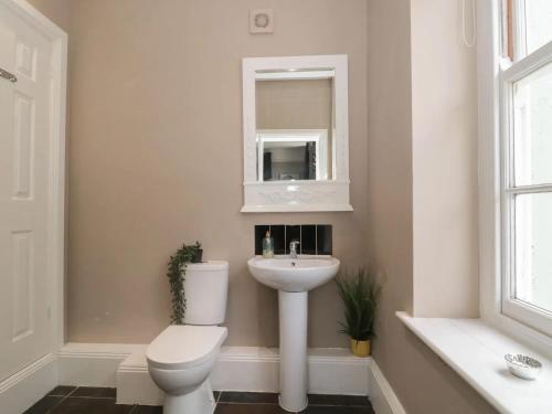 a bathroom with a toilet and a sink and a mirror at Countryside Annexe, with hottub, sleeps up to 4 in Durston