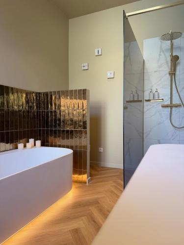 a bathroom with a tub and a shower at Maison d'Artiste in Ghent