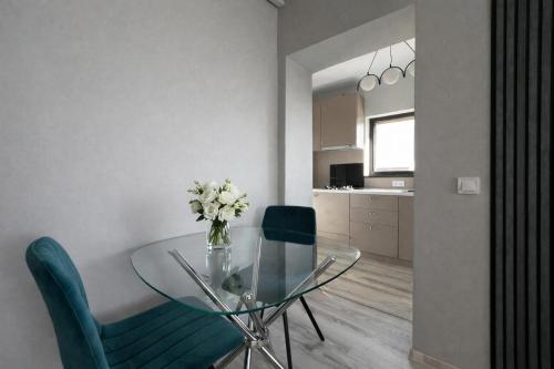 a dining room with a glass table and green chairs at Seranova Aparthotel 10 SELF CHECK-IN #Otopeni #Airport #Therme #Bucharest in Otopeni