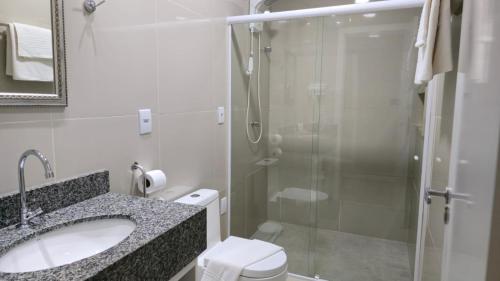 a bathroom with a shower and a sink and a toilet at Pousada Trapiche in Pelotas