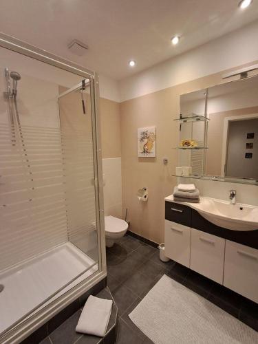 a bathroom with a shower and a toilet and a sink at Op-England-I-mit-Terrasse-grossem-Garten in Nordstrand