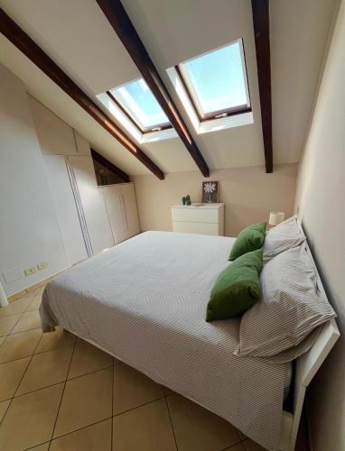 a bedroom with a bed and two skylights at Mokka Loft in Biella