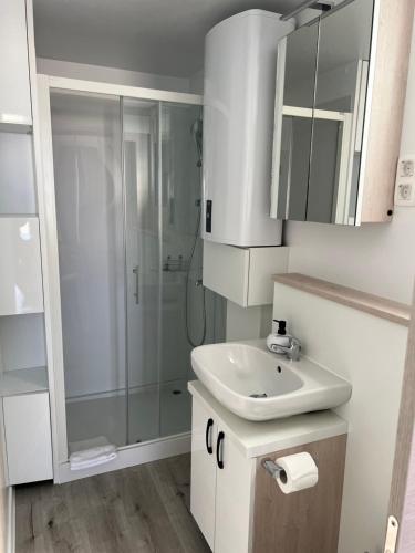 a white bathroom with a shower and a sink at Sealodge Novigrad Number 18 in Novigrad Istria