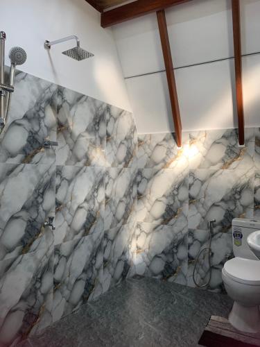 a bathroom with marble walls and a toilet at Skyline Haven Ella Cabana in Ella