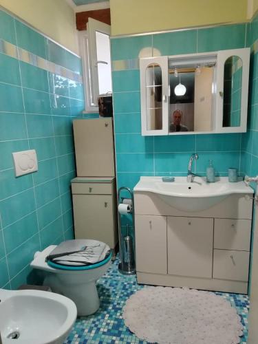 a blue bathroom with a toilet and a sink at Casa della Pace by Pinuccia in Roccaspinalveti