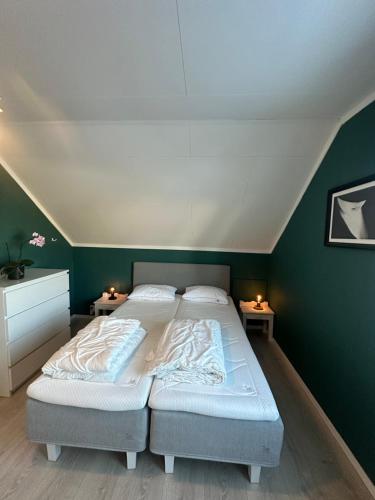 two beds in a bedroom with green walls at Modern 3BR Apartment Near Oslo Center Free Parking in Lorenskog