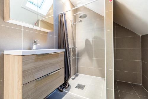 a bathroom with a shower and a sink at Modern 3BR Apartment Near Oslo Center Free Parking in Lorenskog