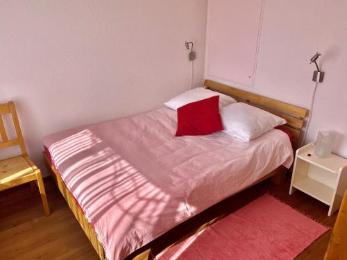 a small bedroom with a bed with a red pillow at Pilgerwohnung in Wald
