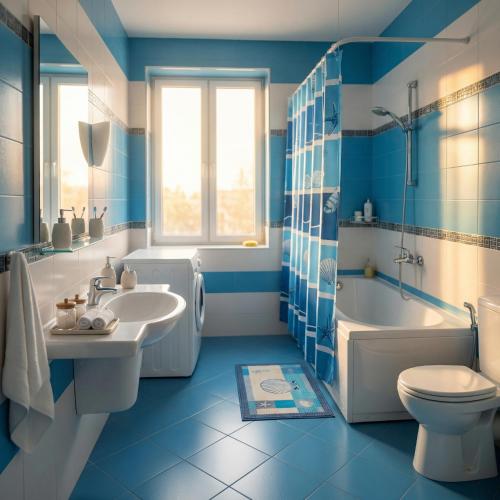 a blue and white bathroom with a sink and a toilet at Sea View villa in Baku