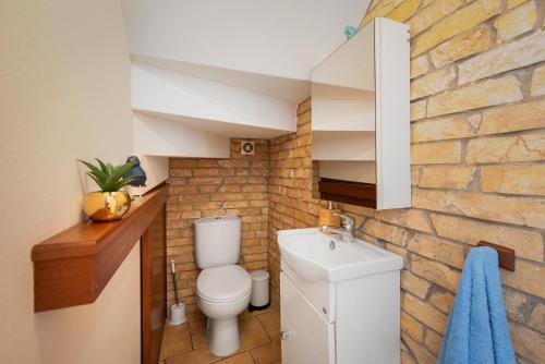 a bathroom with a toilet and a brick wall at Casa de Baixo in Odeceixe