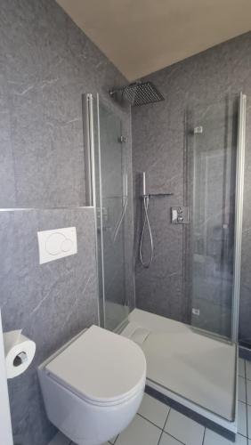a bathroom with a toilet and a glass shower at Ferienwohnung Wattkieker inklusive Strandkorb in Büsum