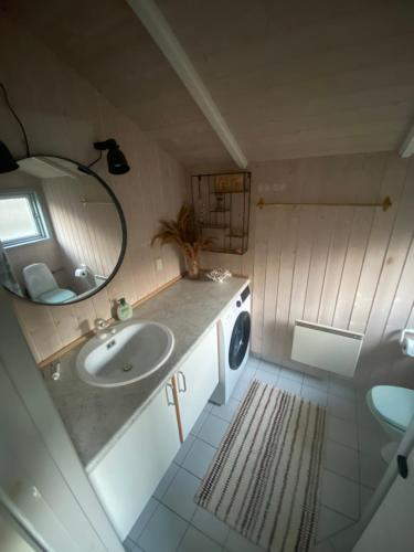 a bathroom with a sink and a washing machine at Huset ved stranden in Nykøbing Sjælland