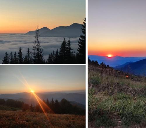 three different views of the sun setting over the mountains at Alpin Eco Chalet & Wellness in Dragobrat