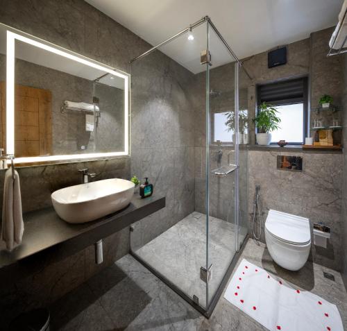 a bathroom with a sink and a toilet and a shower at Elysian Vale in Vagamon