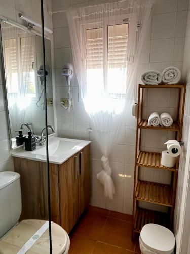 a bathroom with a toilet and a sink and a shower at Centro Kennedy in Algeciras