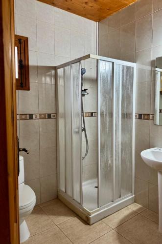 a bathroom with a shower with a toilet and a sink at Η σπηλιά του Θουκυδίδη in Spilia