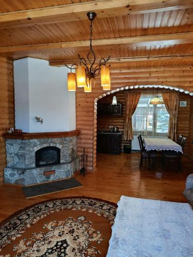 a living room with a stone fireplace in a house at Вілла Олекси in Skhidnitsa