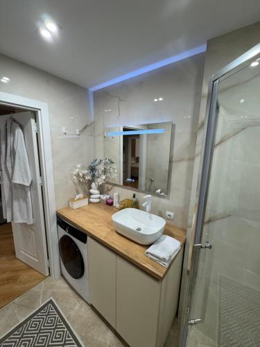 a bathroom with a sink and a washing machine at Inamstro Home in Orhei