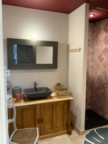 a bathroom with a sink and a mirror at La Grange des Loges in Boucé